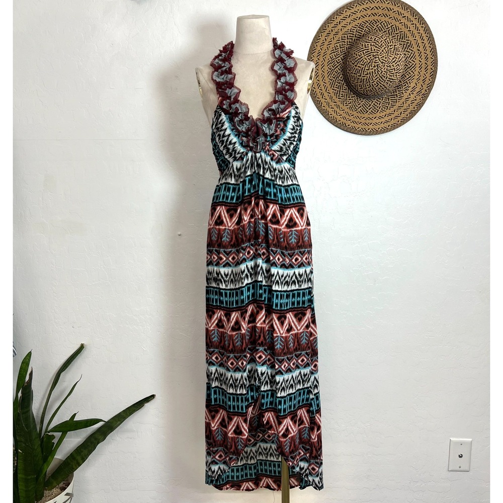 Misope bohemian halter maxi sun soft dress S zipper high low drapery romantic